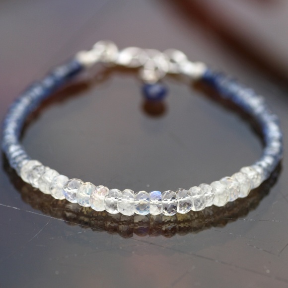 Solid 14K White Gold Natural Blue Sapphire, Moonstone Bracelet 7" - 7 2/3" - Picture 4 of 13